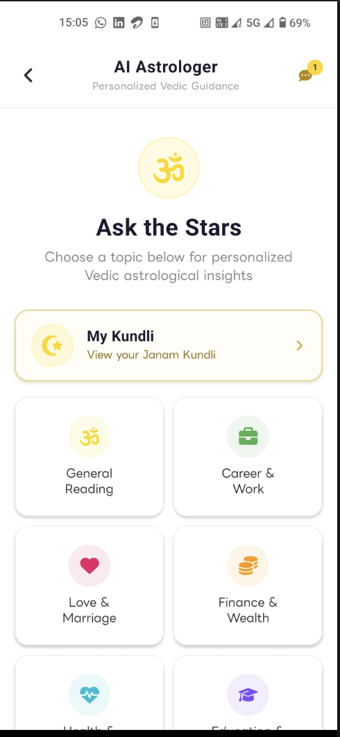 AI Astrologer categories - General, Career, Love, Finance