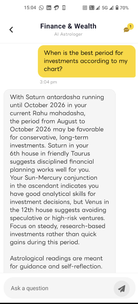 AI astrology chat showing personalized financial guidance