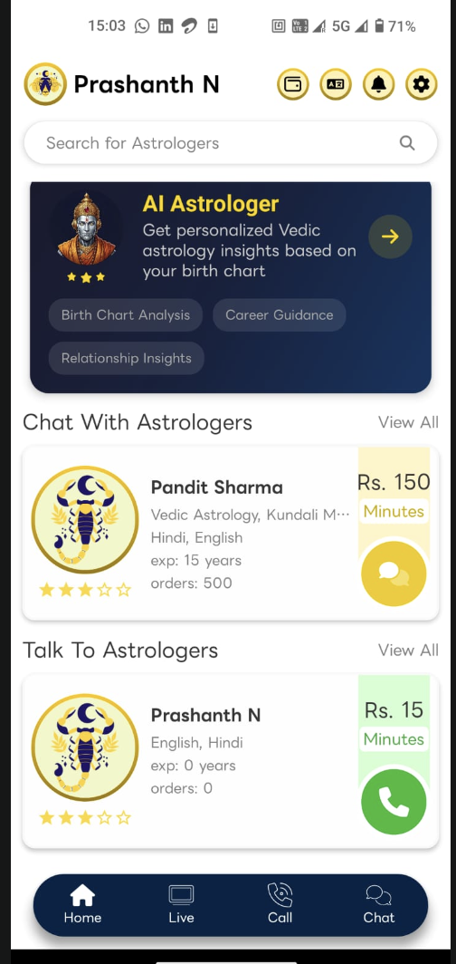 AstroShrine home screen showing astrologer listings