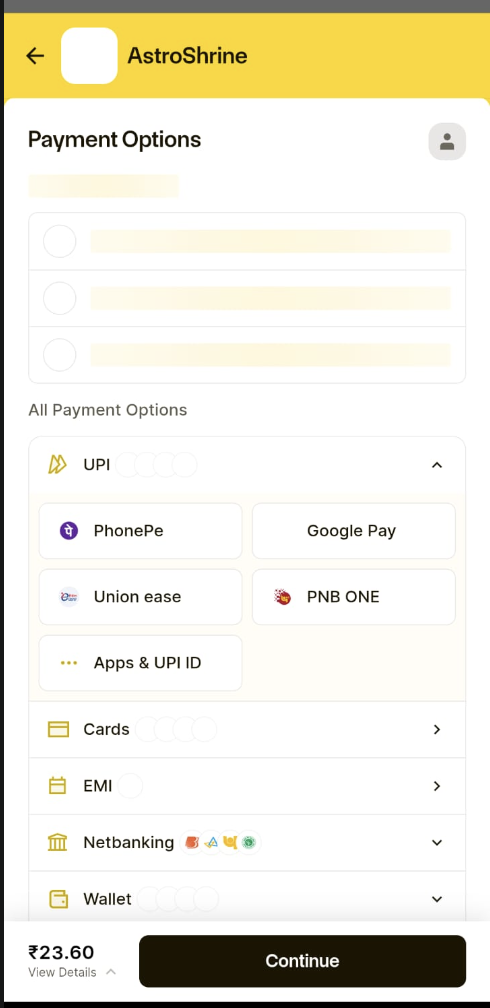 Razorpay payment screen with UPI, Cards, and more