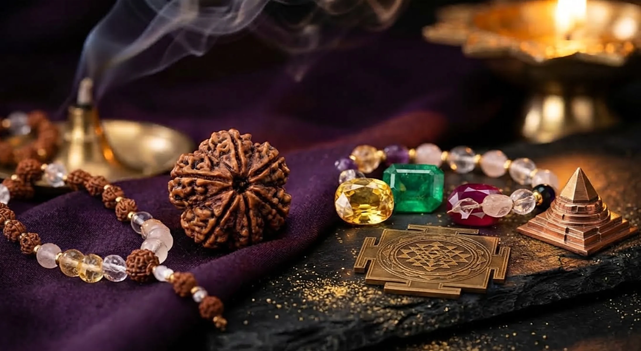 Rudraksha, crystal and rudraksha bracelets, Pukhraj, Panna and Manik, a Sri Yantra and a copper pyramid on a puja altar with a diya