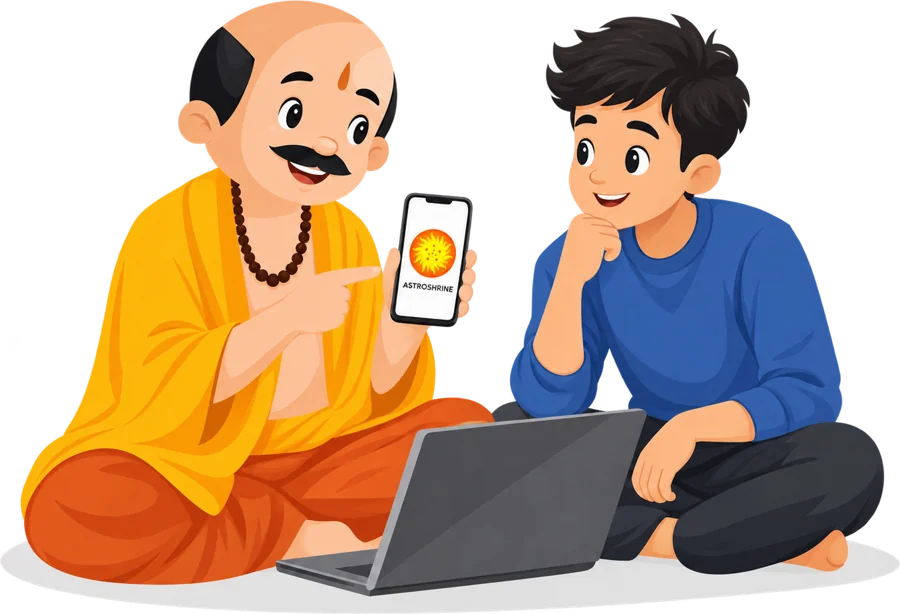 A pandit ji showing the AstroShrine app on his phone to a young man