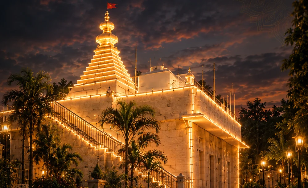 Shree Amleshwar Mahakaal Dham lit up at night
